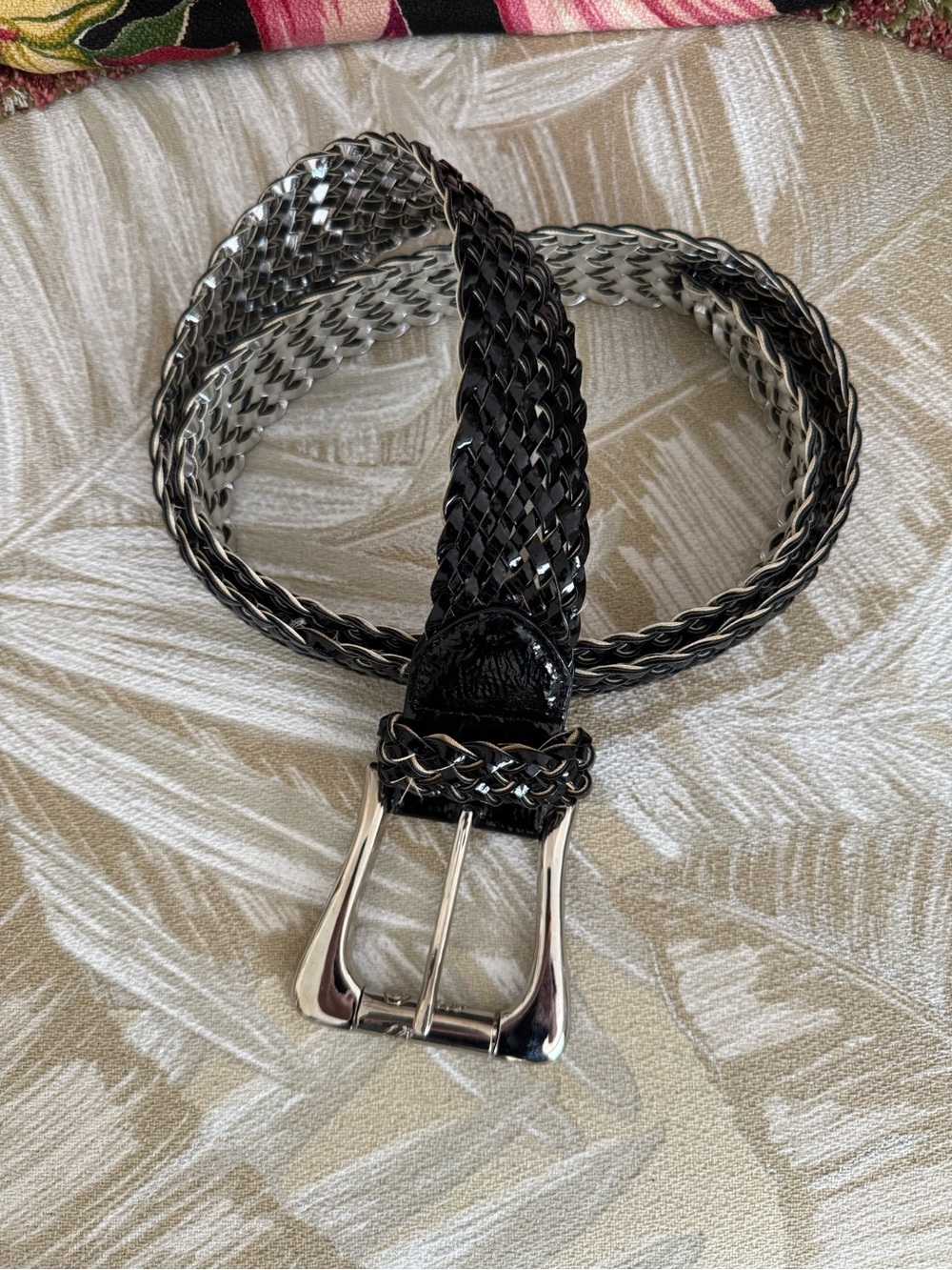 Guess Black Braided Patent Belt with Silver Buckle